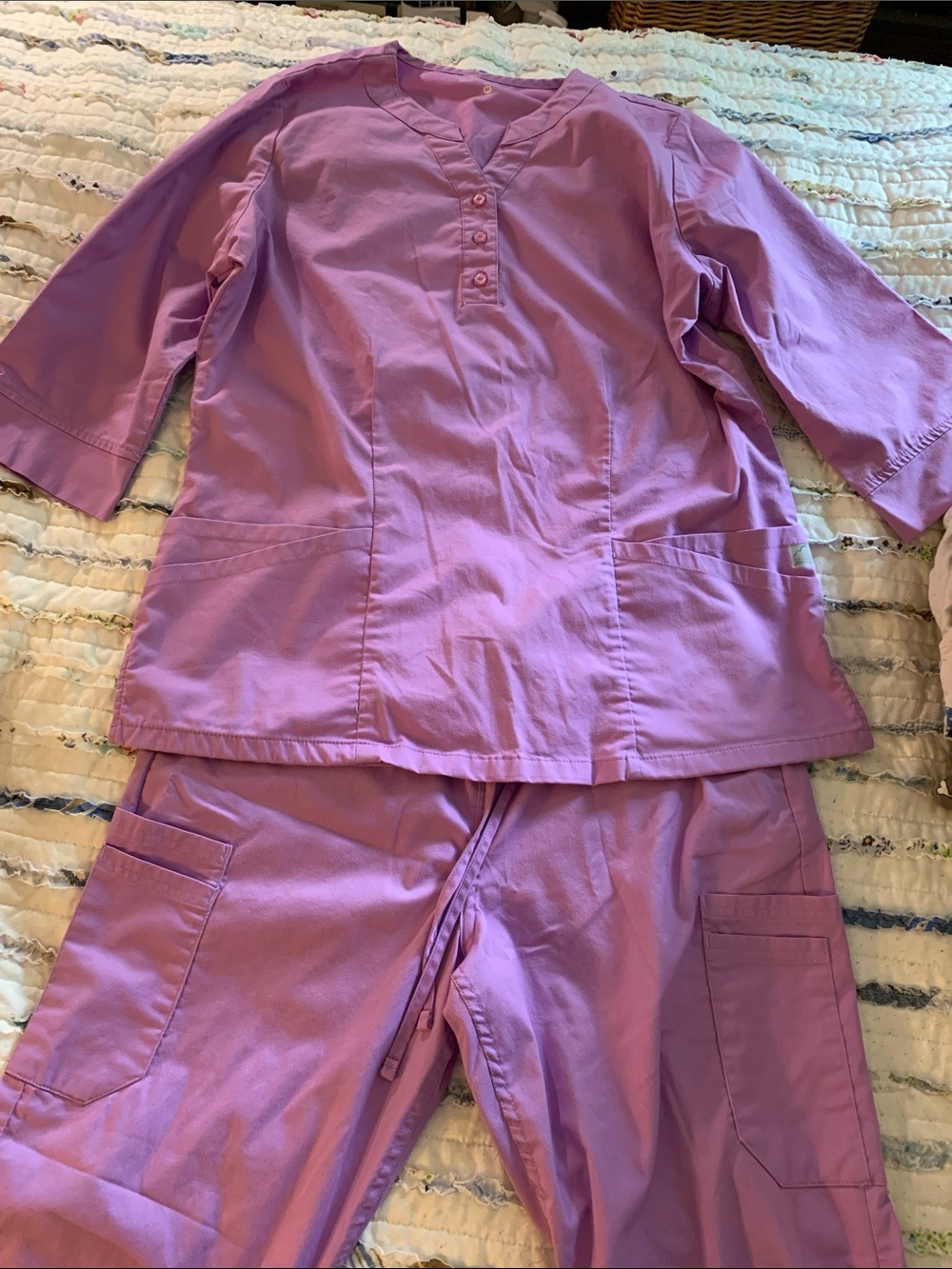 Butter Soft Lavender V-Neck 3/4 Sleeves Scrub Top and Bottoms.